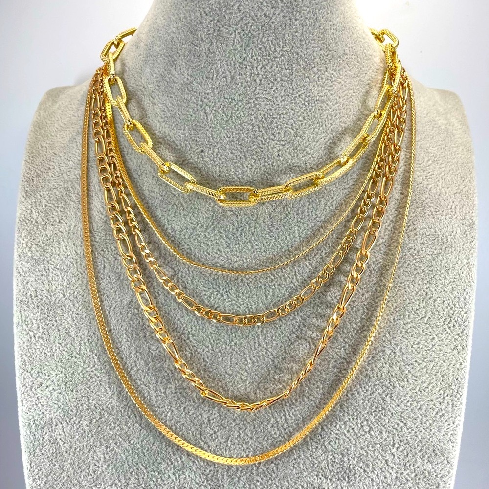 Gold Tone 5 Layer Multi Chain Boho Trendy Fashion Necklace Streetwear Classic